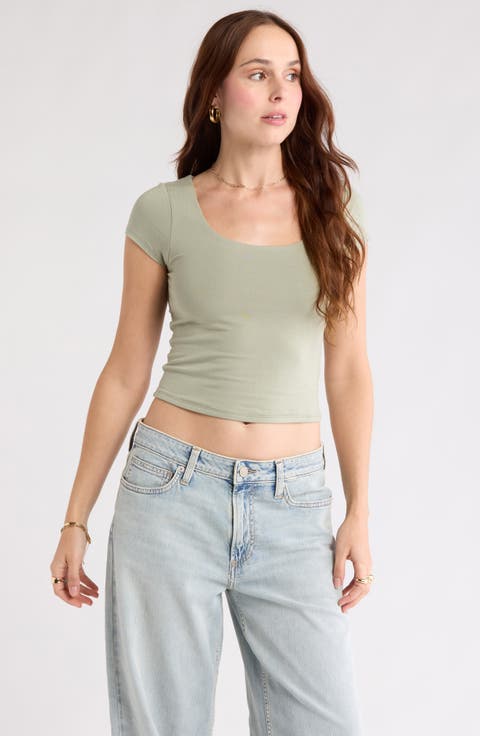 Scoop Neck Cap Sleeve Crop T-Shirt