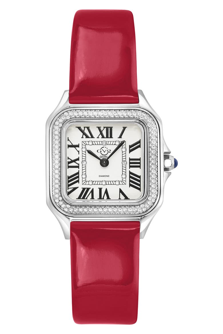Milan Diamond Leather Strap Watch, 27.5mm - 0.038 ctw, Main, color, RED