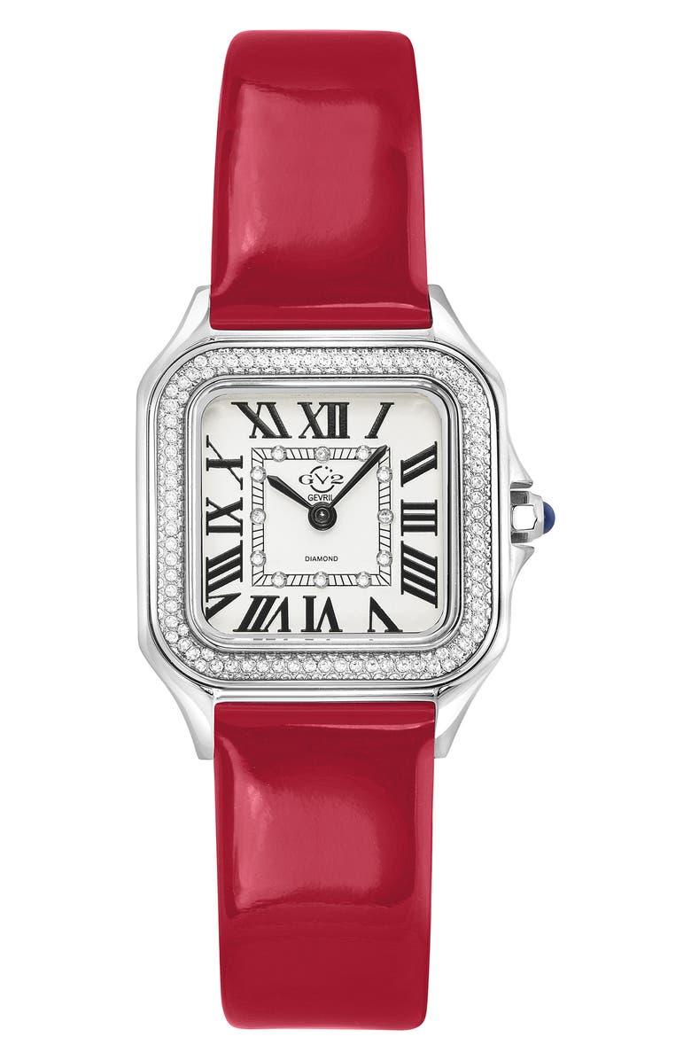 GV2 Milan Diamond Leather Strap Watch, 27.5mm - 0.038 ctw, Main, color, Red