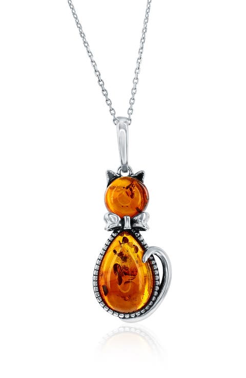 Sterling Silver Amber Cat Pendant Necklace