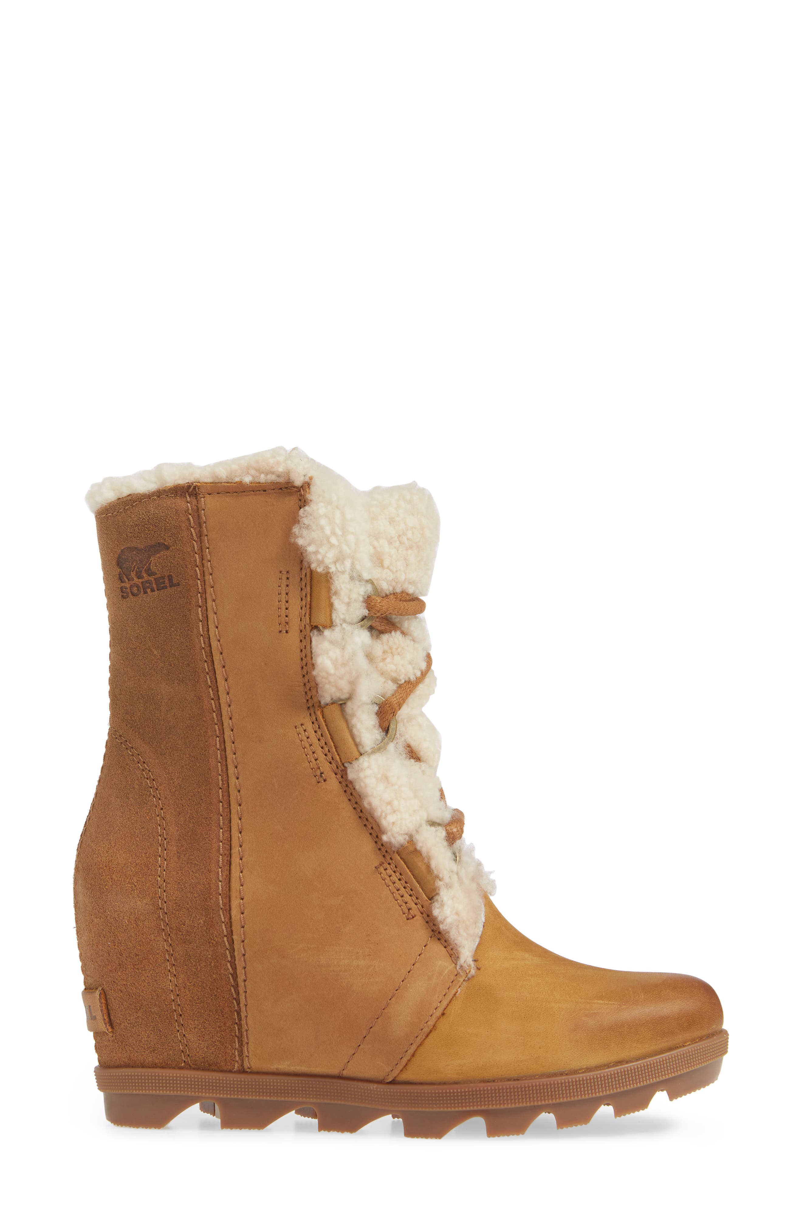 Joan of Arctic Wedge II Genuine Shearling Bootie, Alternate, color, CAMEL BROWN