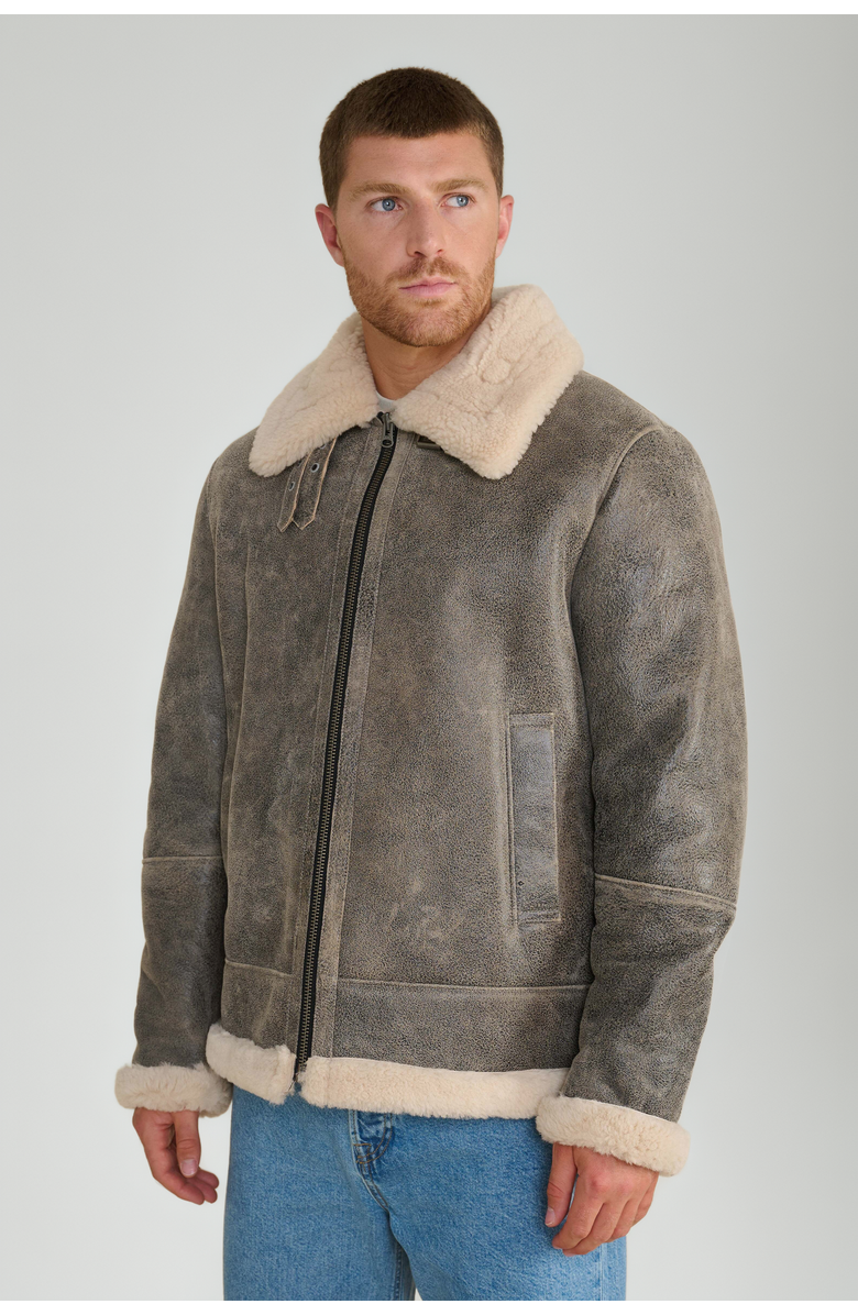 Furniq UK Rupert Shearling Aviator Jacket, Alternate, color, Grey