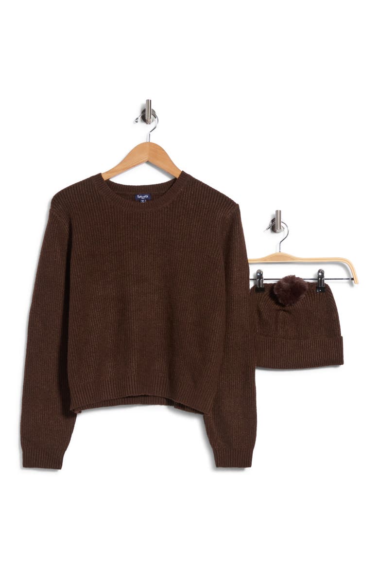 Crewneck Sweater & Faux Fur Pompom Beanie Set, Main, color, ESPRESSO BROWN