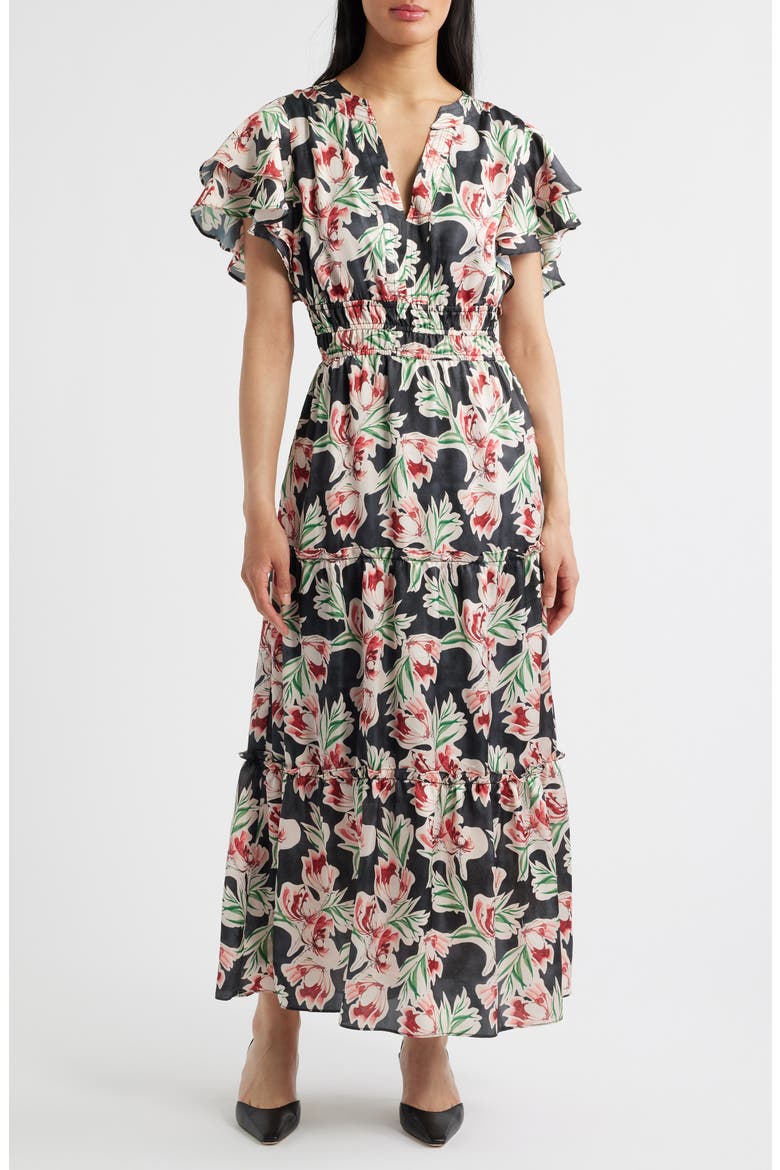 Floral Tiered Split Neck Ruffle Sleeve Satin Dress, Main, color, BLACK MULTI