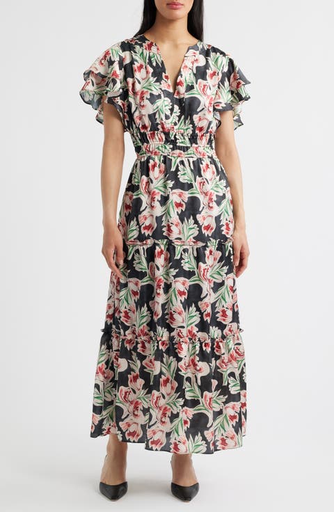Floral Tiered Split Neck Ruffle Sleeve Satin Dress