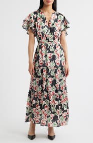 Julia Jordan Floral Tiered Split Neck Ruffle Sleeve Satin Dress