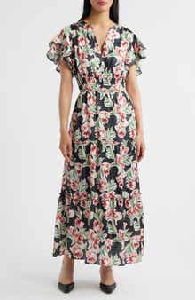 Julia Jordan Floral Tiered Split Neck Ruffle Sleeve Satin Dress