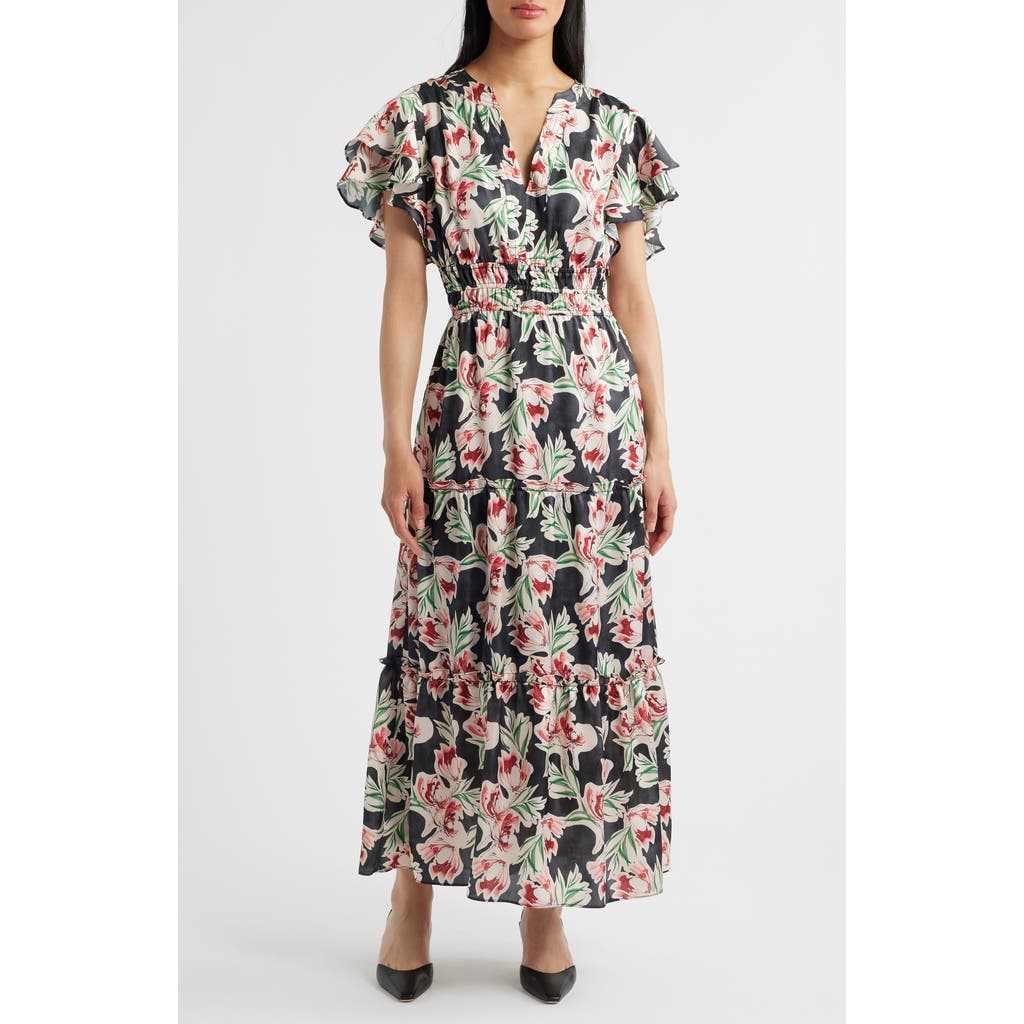 Julia Jordan Floral Tiered Split Neck Ruffle Sleeve Satin Dress In Multi