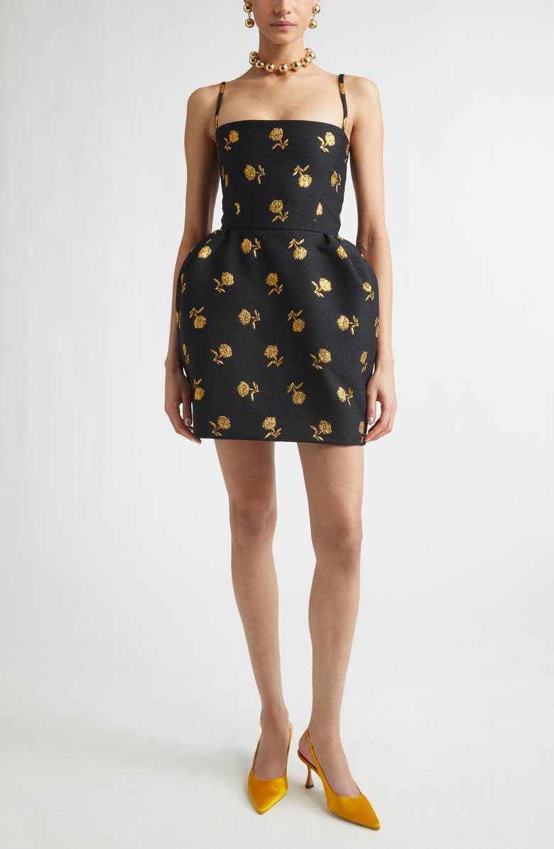 Carolina Herrera Carnation Metallic Brocade Bell Shape Minidress, Main, color, Black Multi