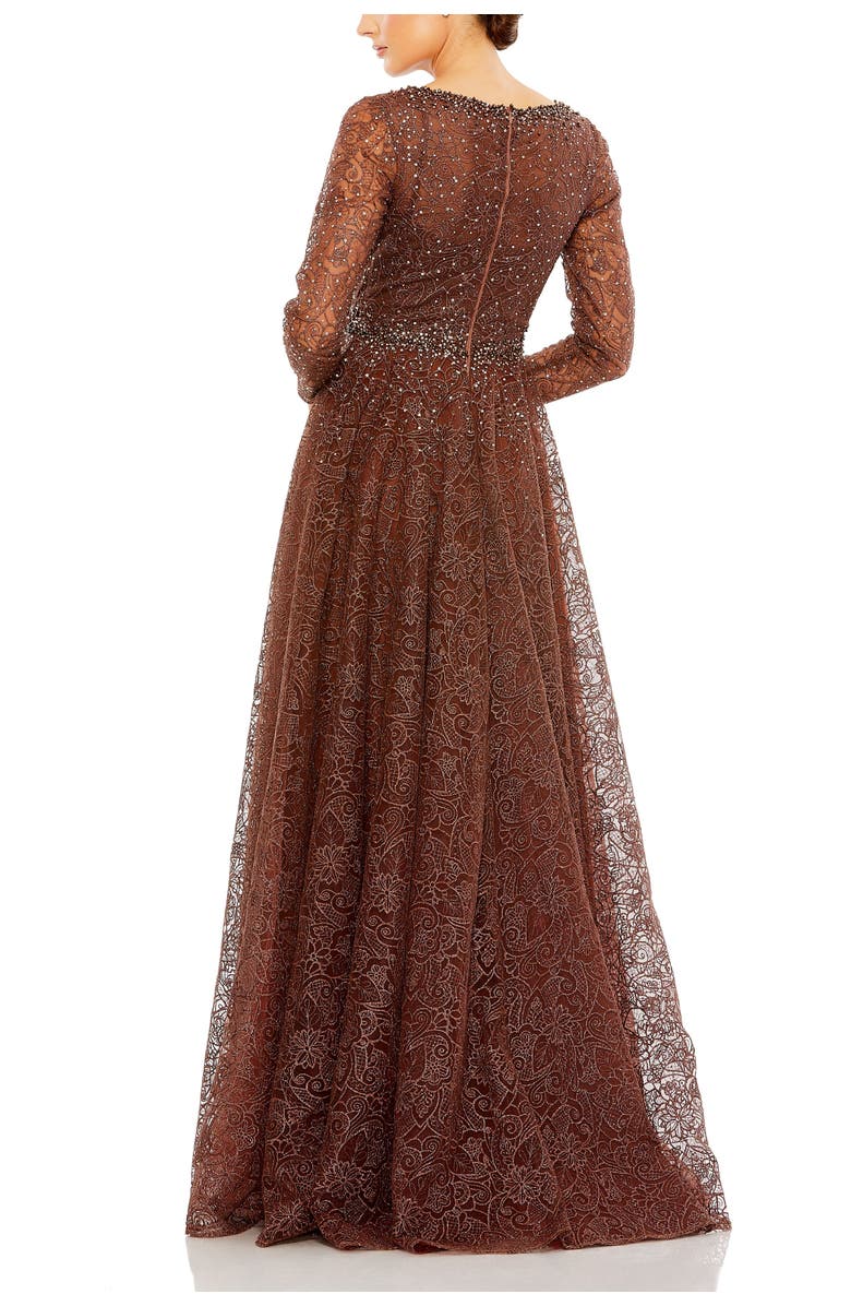 Mac Duggal Embellished Illusion Long Sleeve V Neck Gown, Alternate, color, Chocolate