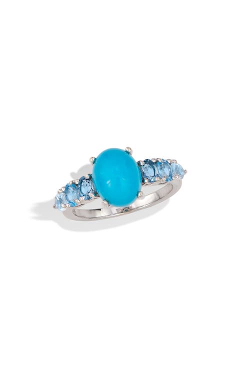 Rhodium Plated Sterling Silver Sleeping Beauty Turquoise & Blue Topaz Ring