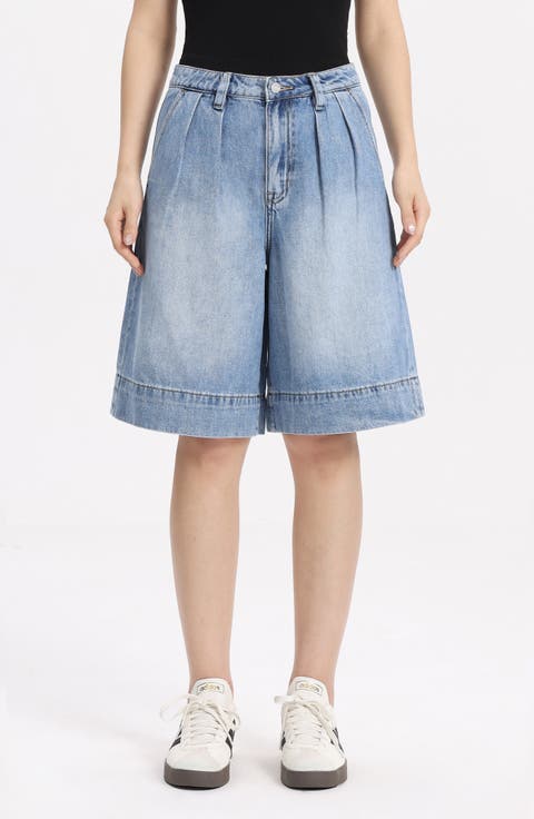 Pleated High Waist Denim Bermuda Shorts