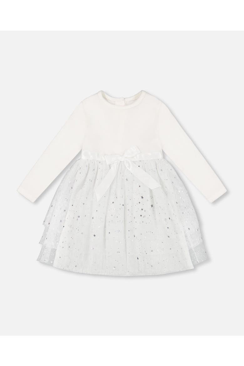 Baby Girl's Bi-Material Dress With Glittering Tulle Skirt Off White, Main, color, Off White