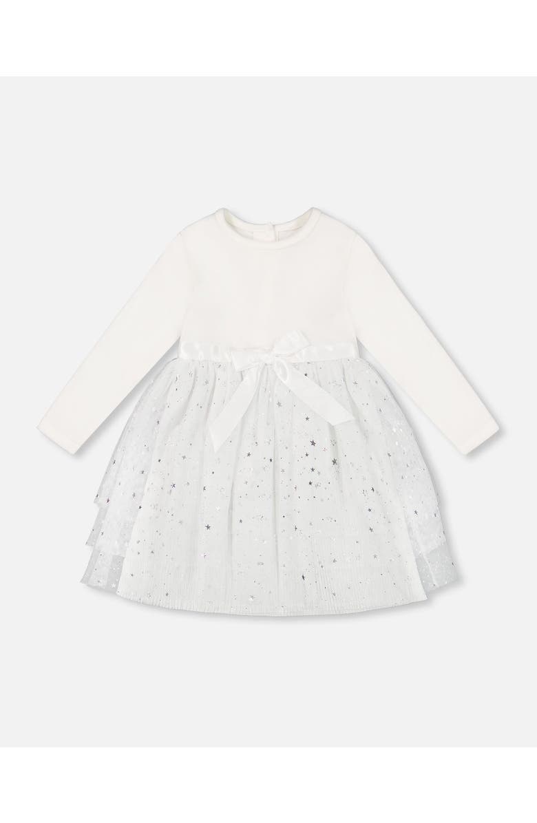 Deux par Deux Baby Girl's Bi-Material Dress With Glittering Tulle Skirt Off White, Main, color, 