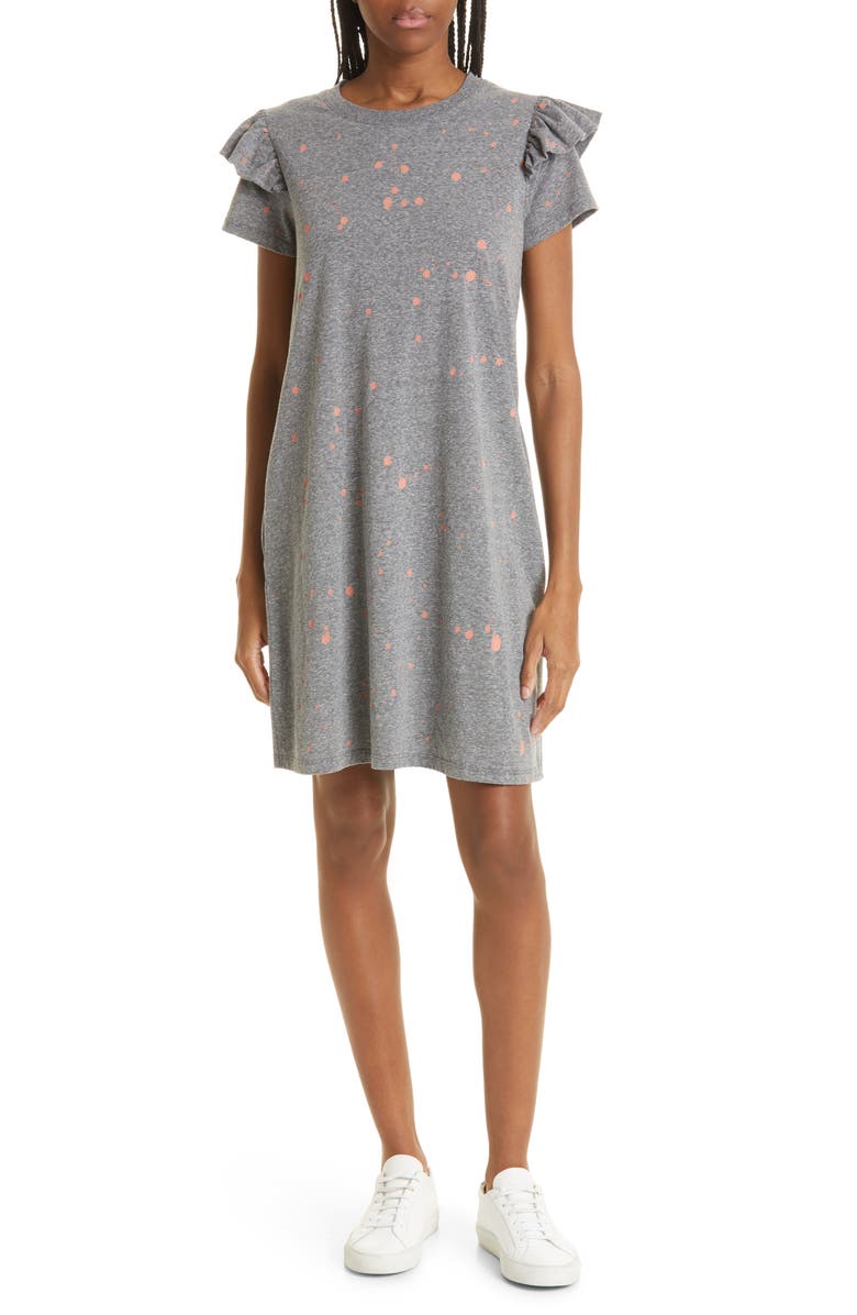 Clare V. Ruffle Shoulder Dot Cotton T-Shirt Dress, Main, color,