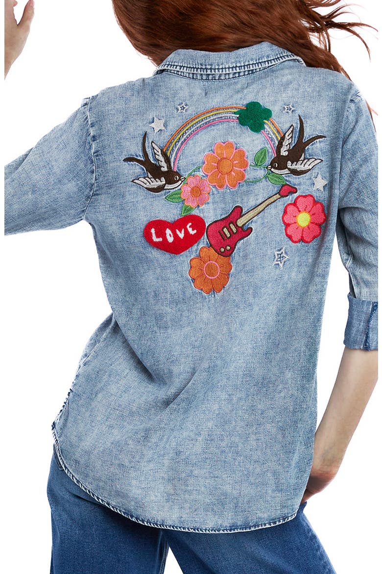 Birds of a Feather Embroidered Denim Button-Up Shirt, Alternate, color, DENIM