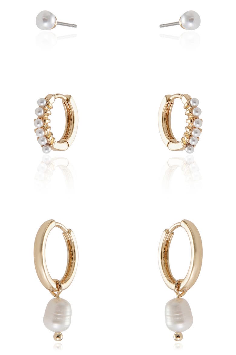 Ultimate Set of 3 Pairs Imitation Pearl Earrings, Alternate, color, GOLD