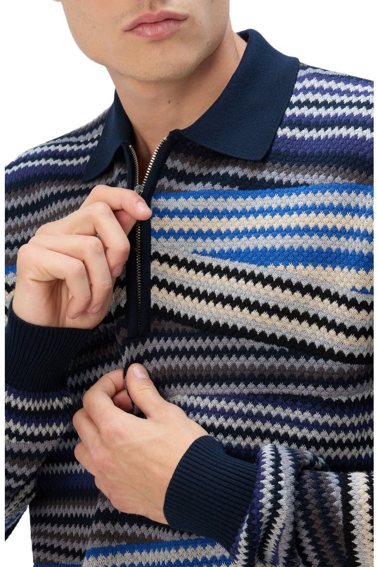 Long Sleeve Polo With Zip And Striped Zigzag Pattern, Alternate, color, Blue