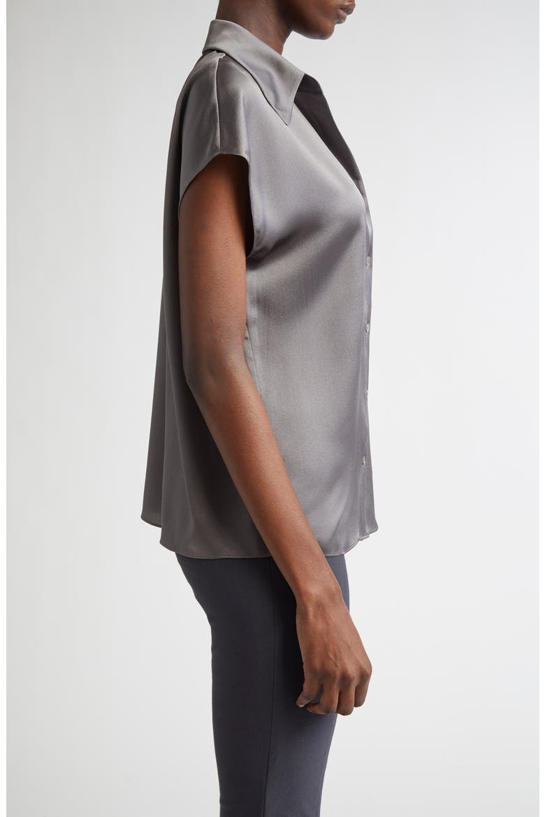 Cap Sleeve Gathered Back Short Sleeve Silk Button-Up Shirt, Alternate, color, WOLF