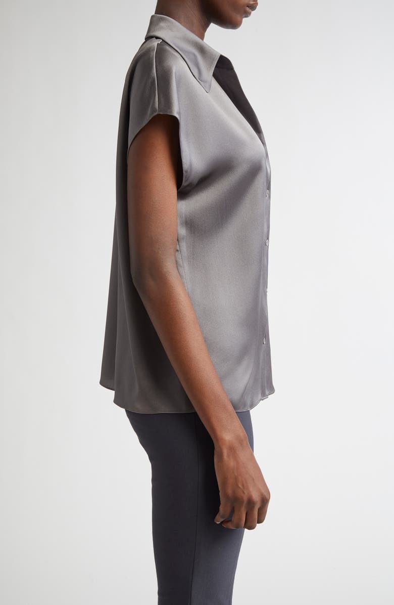 Vince Cap Sleeve Gathered Back Short Sleeve Silk Button-Up Shirt, Alternate, color, Wolf