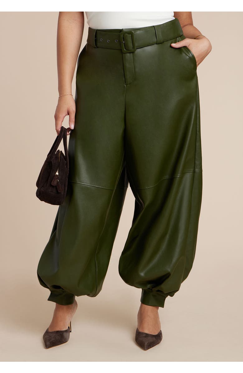 ELOQUII Belted Faux Leather Balloon Pant, Alternate, color, Dark Forest Green