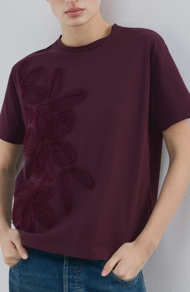 MANGO Floral Embroidered Cotton T-Shirt, Main, color, Wine