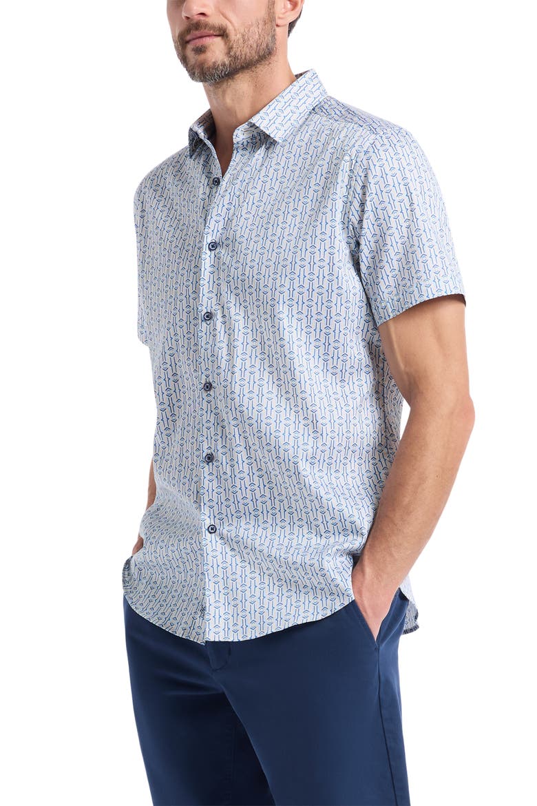 Napier Short Sleeve Stretch Cotton Button-Up Shirt, Alternate, color, BLUE MULTI