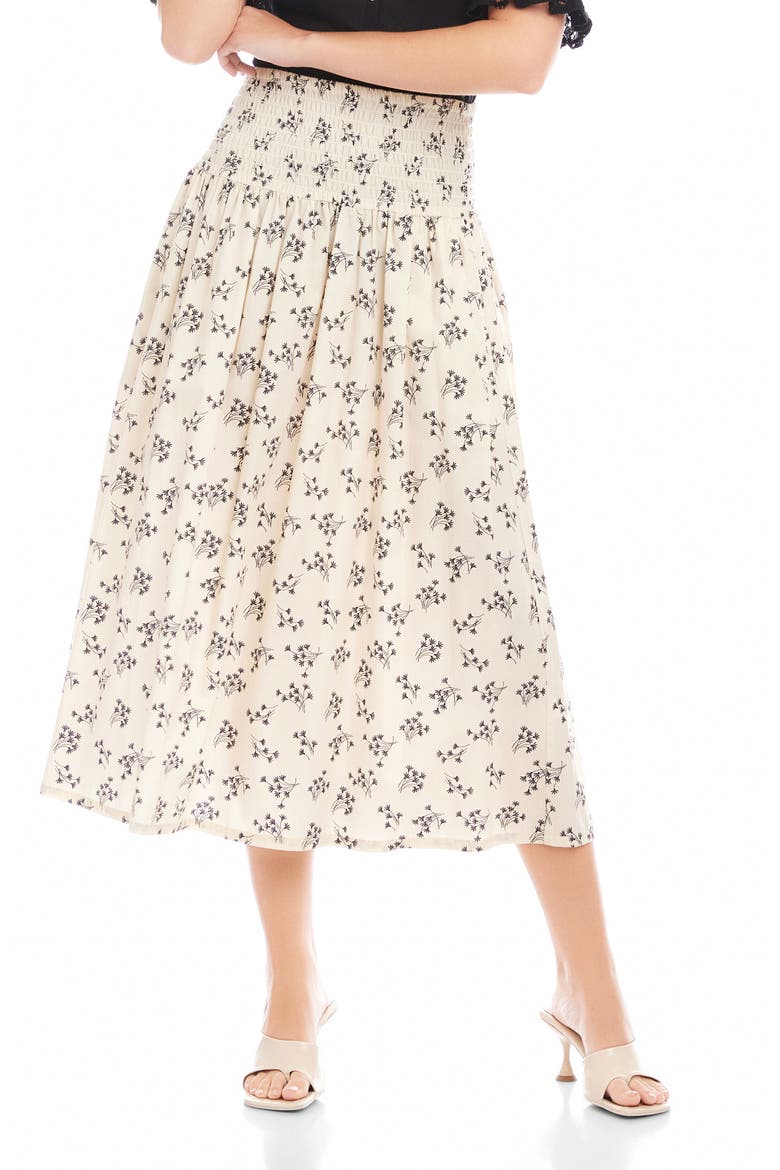 Rhea Floral Smock Waist Cotton Midi Skirt, Main, color, BEIGE PRINT