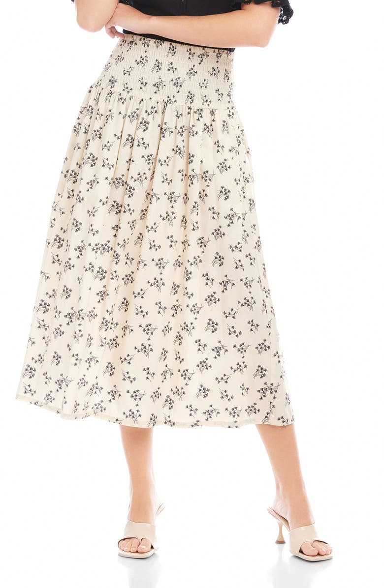 FIFTEEN TWENTY Rhea Floral Smock Waist Cotton Midi Skirt, Main, color, Beige Print