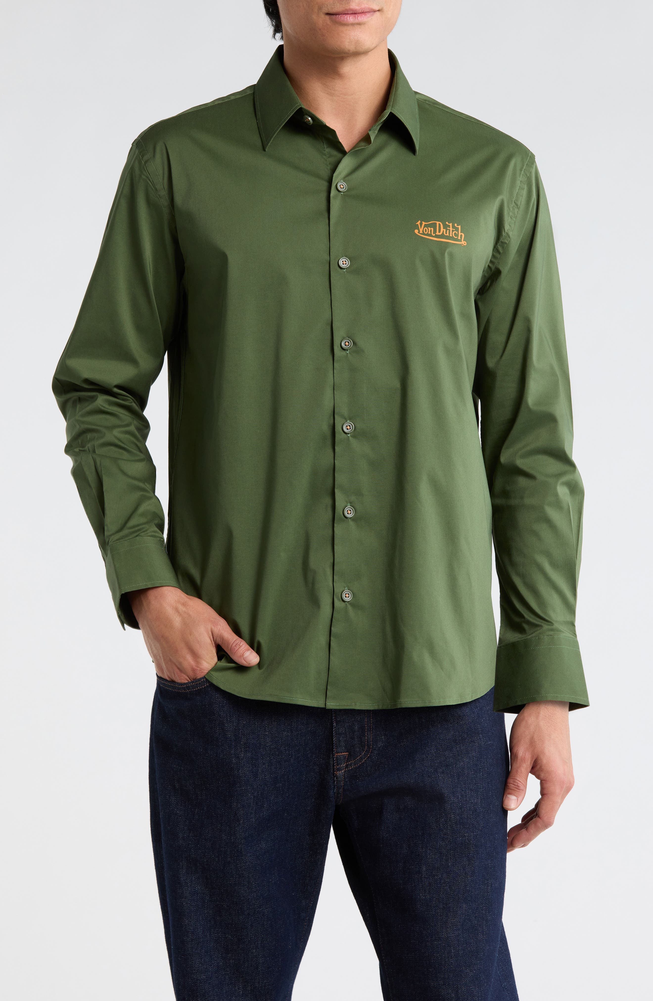 Von Dutch Logo Solid Button-Up Shirt