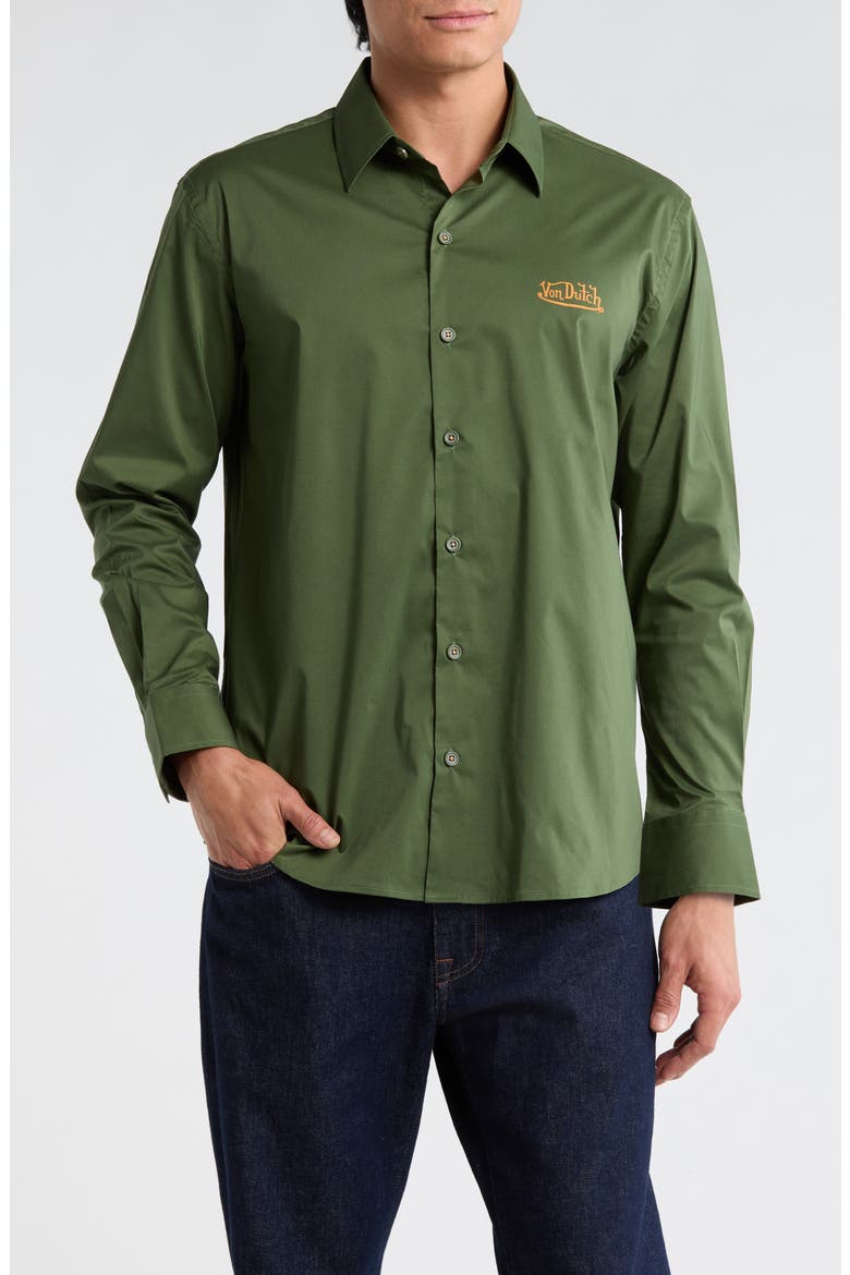 Logo Solid Button-Up Shirt, Main, color, OLIVE GREEN