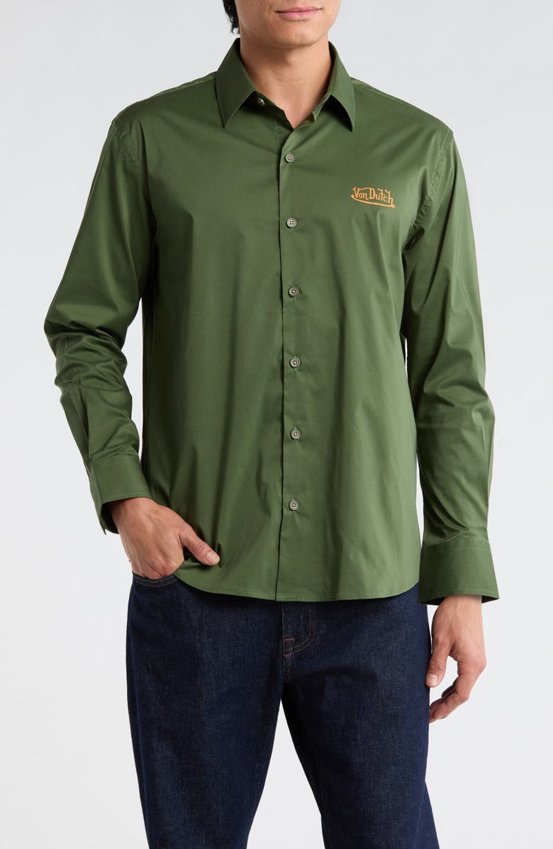 Von Dutch Logo Solid Button-Up Shirt, Main, color, Olive Green