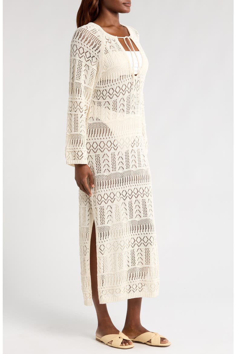 Lace Knit Long Sleeve Cover-Up Midi Dress, Alternate, color, NATURAL