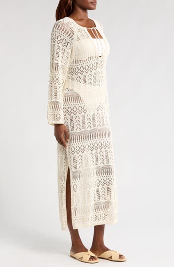 Lace Knit Long Sleeve Cover-Up Midi Dress