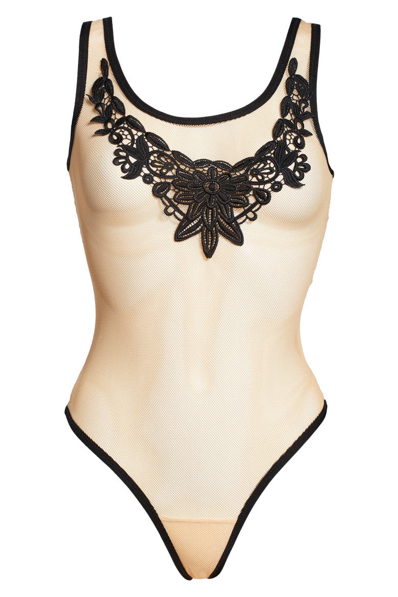 Mesh & Floral Appliqué Teddy, Alternate, color, NUDE-BLACK