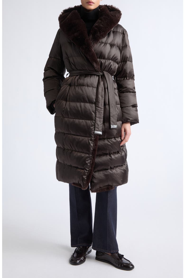 Medusa Belted Puffer Coat with Faux Fur Trim, Main, color, BROWN