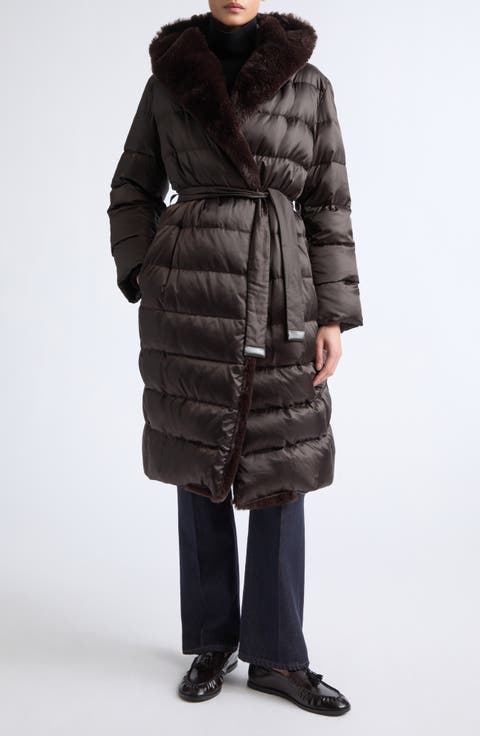 Medusa Belted Puffer Coat with Faux Fur Trim