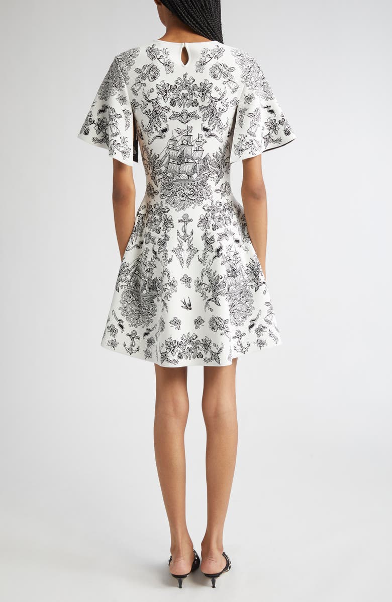 McQueen Sailor Tattoo Jacquard Cape Sleeve Fit & Flare Sweater Dress, Alternate, color, Ivory/ Black