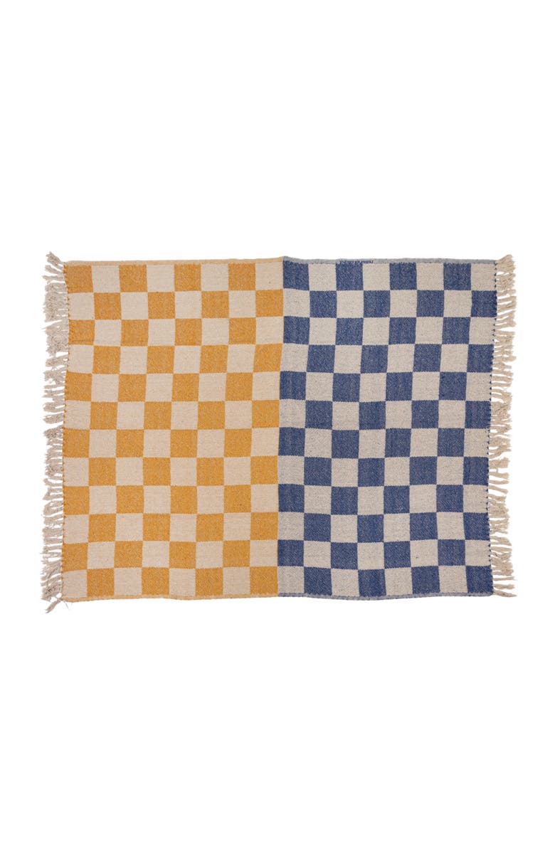 Storied Home Woven Cotton Blend Throw with Checkered Pattern and Fringe, Yellow, Blue and Natural, Alternate, color,