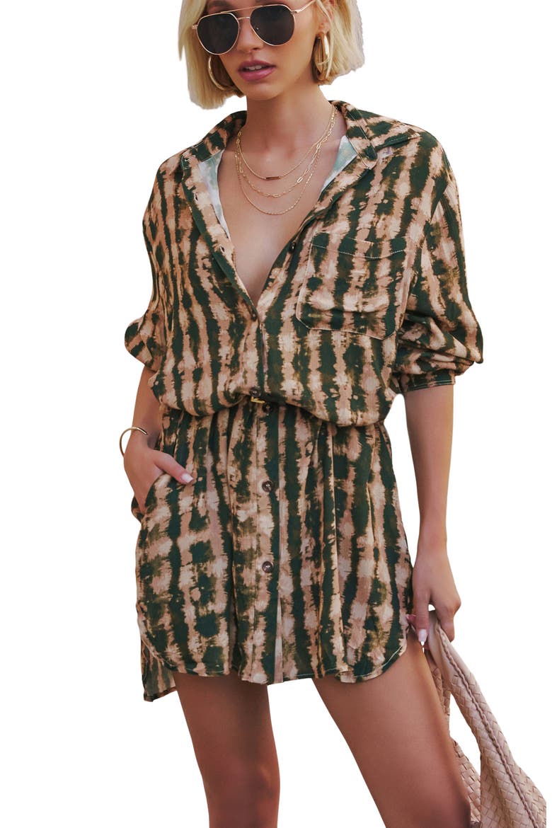 Queen Retro Print Long Sleeve Crepe Shirtdress, Alternate, color, PINE MULTI