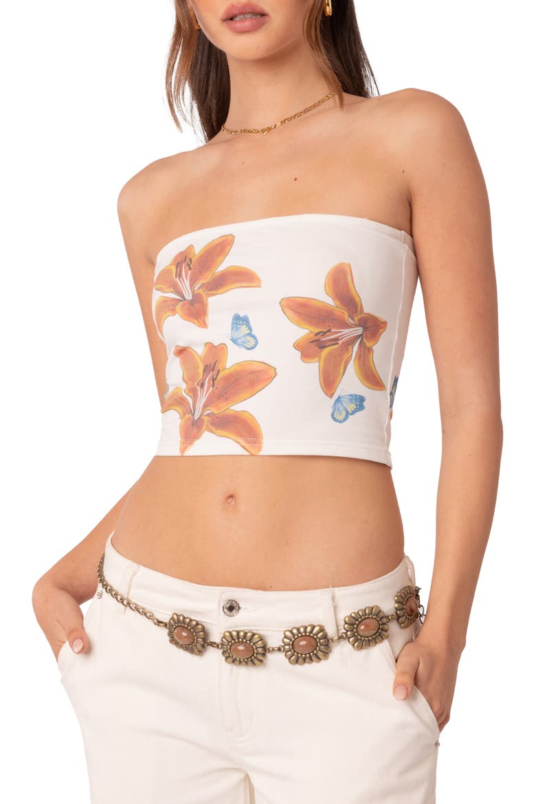 Tiger Lily Print Cotton Tube Top, Main, color, WHITE