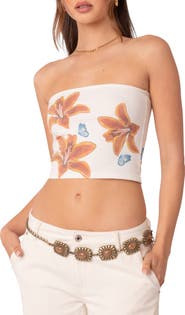 EDIKTED Tiger Lily Print Cotton Tube Top