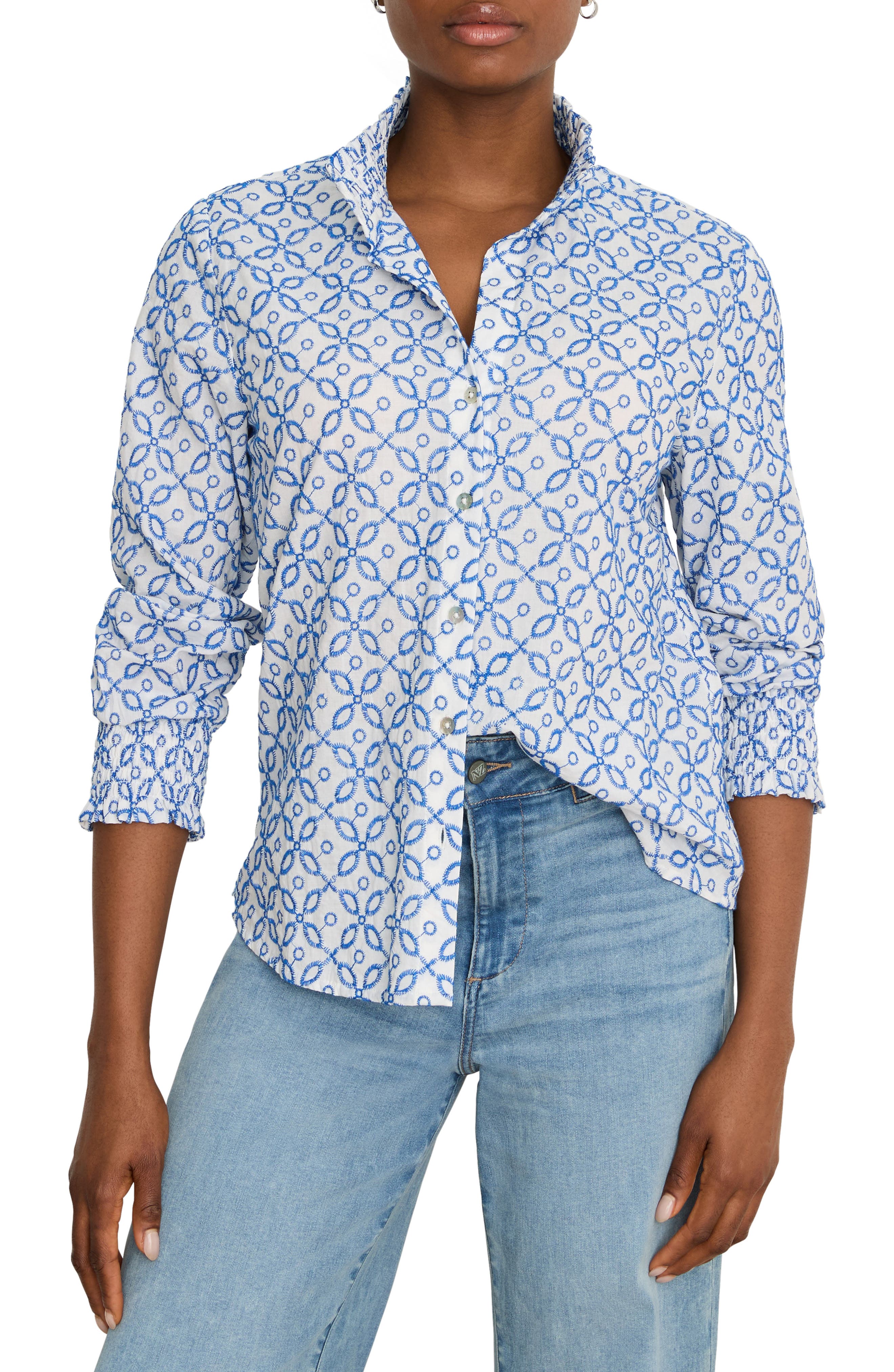 Nic + Zoe Nic+zoe Embroidered Tile Shirt In Blue