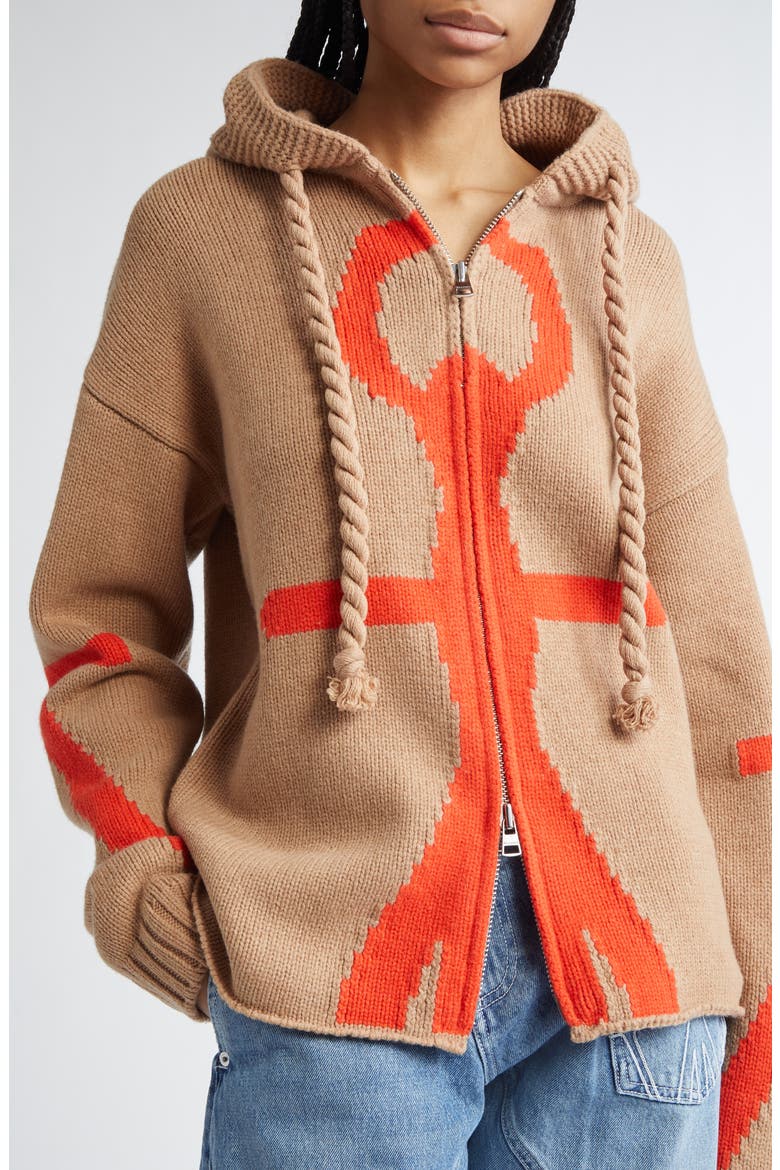 Anchor Intarsia Hooded Wool Zip Sweater, Alternate, color, BEIGE