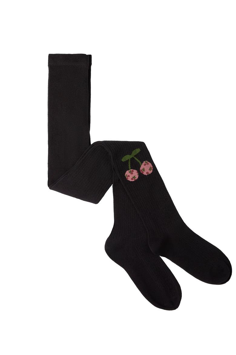 Ribbed Cherry-Graphic Elastic-Waist Tights, Alternate, color, Black