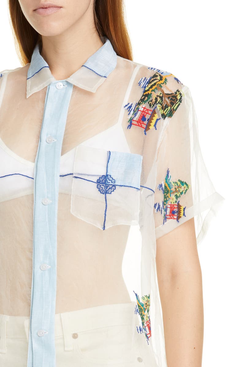 Bode Pagoda Scene Sheer Silk Organza Shirt, Alternate, color, 