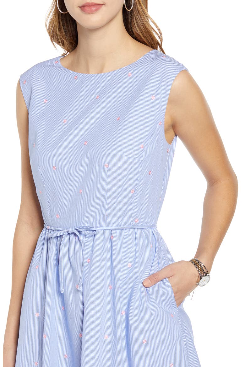Pinstripe Embroidered Sleeveless Cotton Poplin Dress, Alternate, color, BLUE- PINK STRIPE DOT
