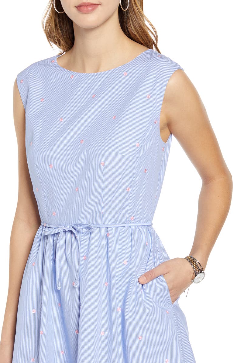 1901 Pinstripe Embroidered Sleeveless Cotton Poplin Dress, Alternate, color, 