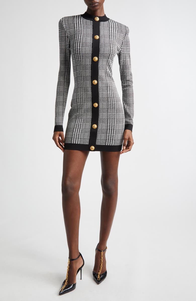 Balmain Prince of Wales Long Sleeve Sweater Dress, Main, color, Black/ Natural