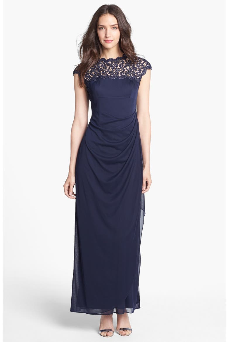 Lace Ruffle Column Gown, Main, color, NAVY